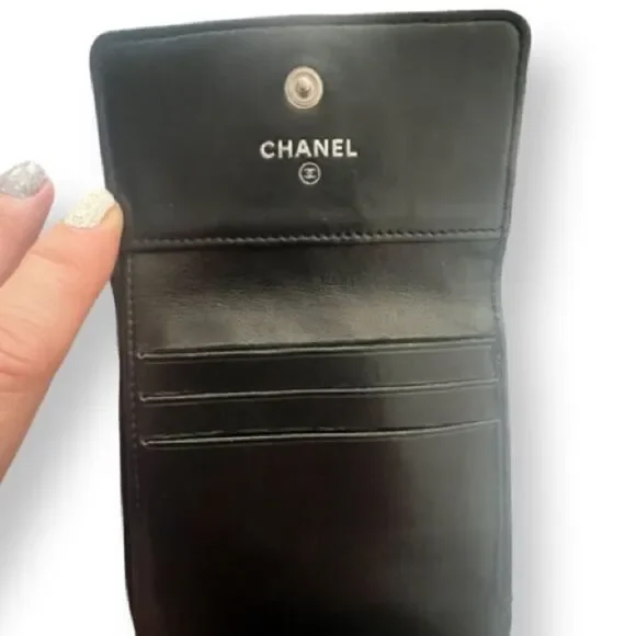 Chanel Black Lambskin Camellia Embossed Short Trifold Wallet - Picture 8 of 12